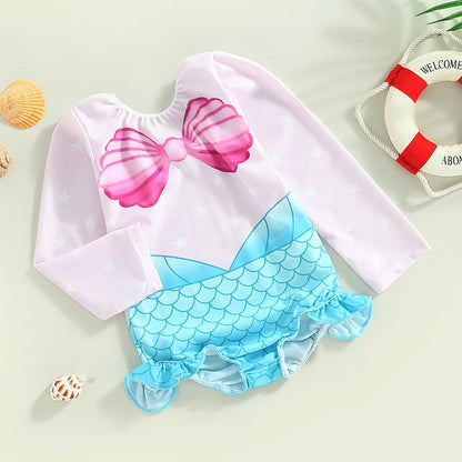 Seashell Print Toddler Girls Mermaid Style Swimsuit childrensterritory