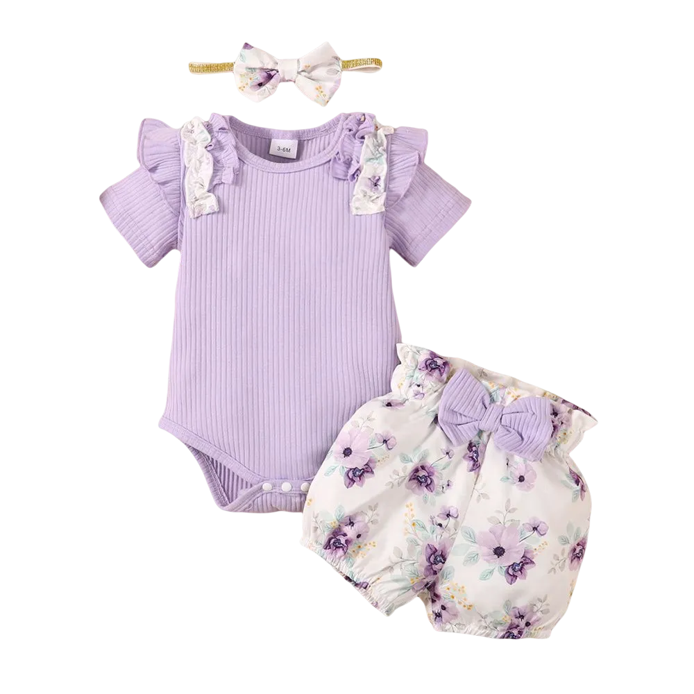 Baby Girl Short Sleeve Romper + Flowers Shorts with Headband Set childrensterritory