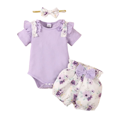 Baby Girl Short Sleeve Romper + Flowers Shorts with Headband Set childrensterritory