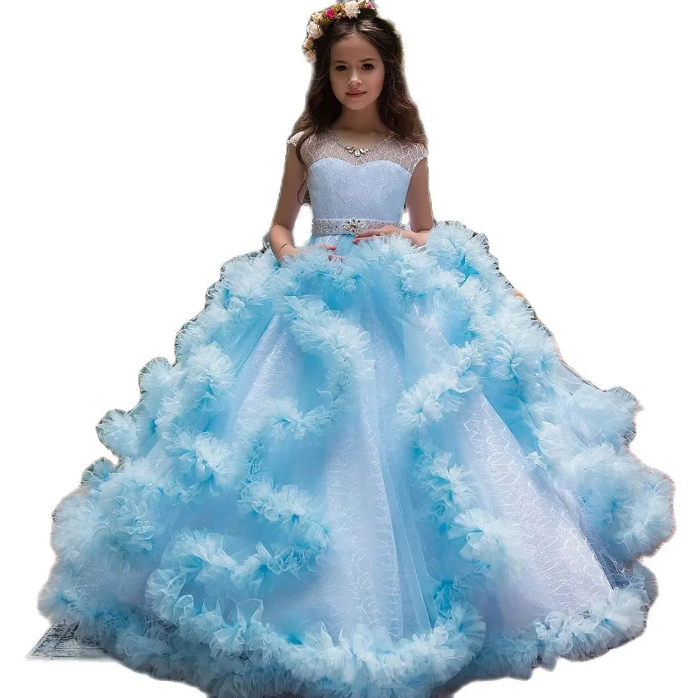 Puffy Layered Tulle Lace Appliques Girls Party Dresses