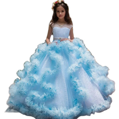 Puffy Layered Tulle Lace Appliques Girls Party Dresses