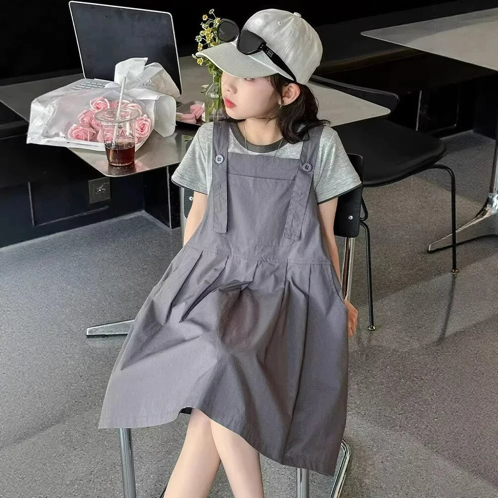 Kids/Teen Girls Solid Color Top and Dress Set for Summer