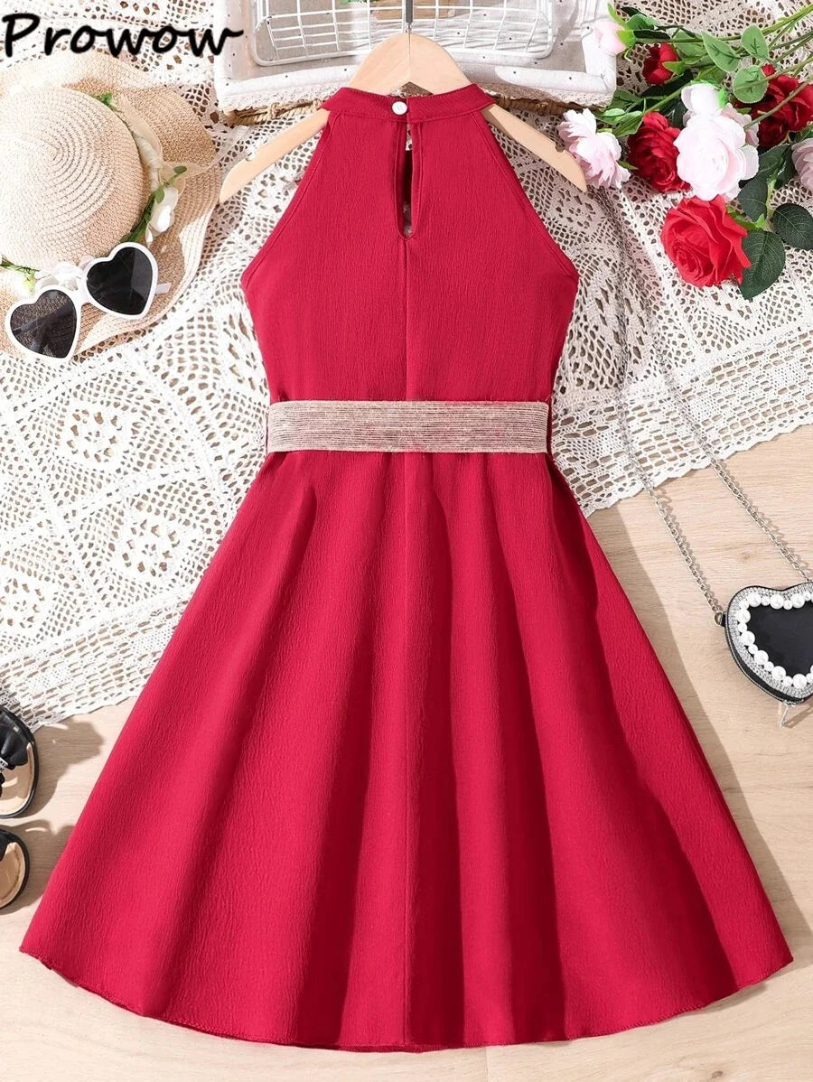 Kids Girls Off Shoulder Formal Summer Party Dresses With Belt