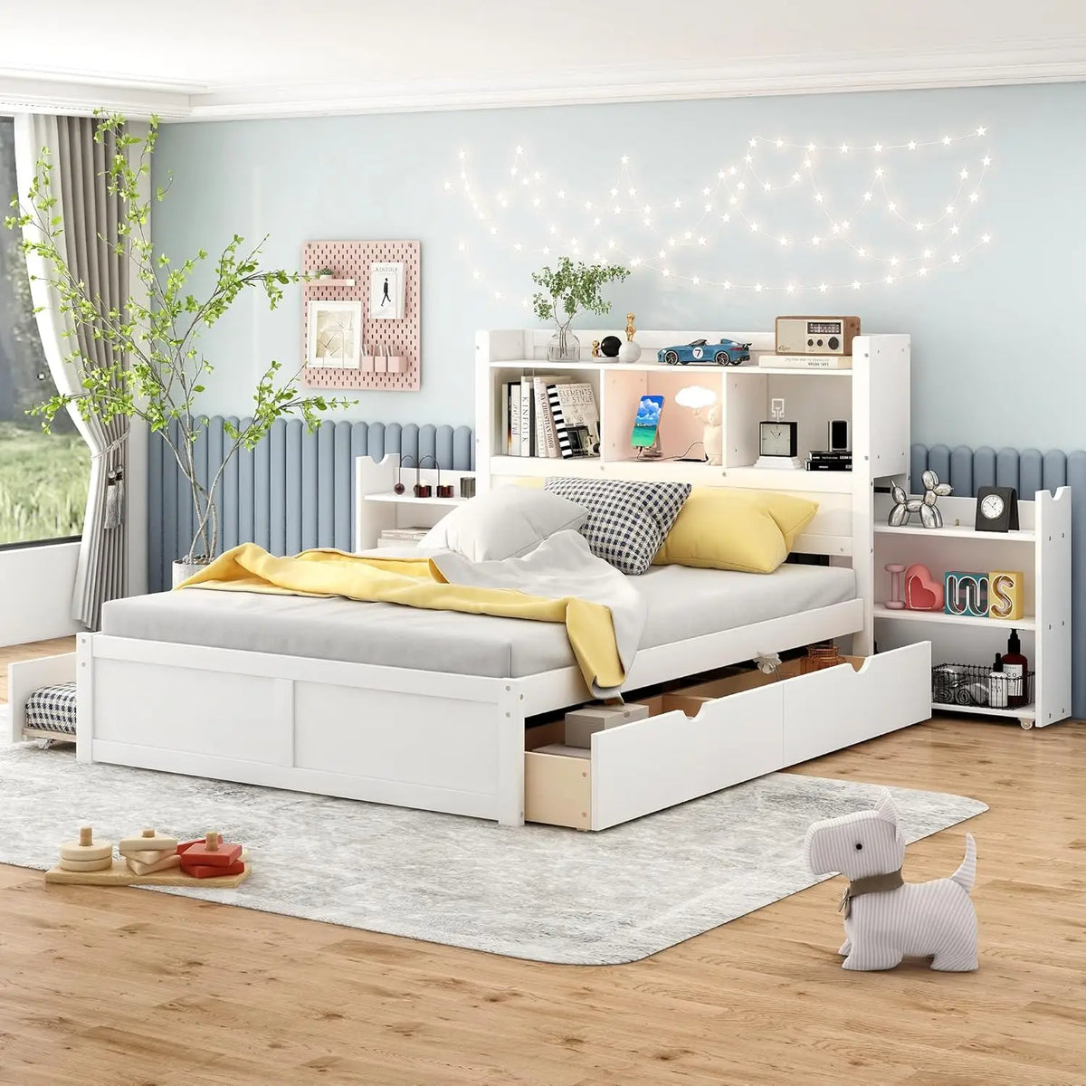 Full Size Bed with Bookcase, Trundle, Charging Station