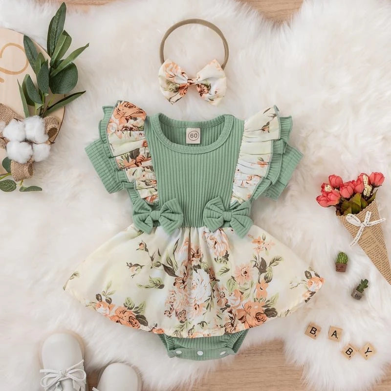Floral Print Baby Girl Cotton Jumpsuit Dress With Bowknot