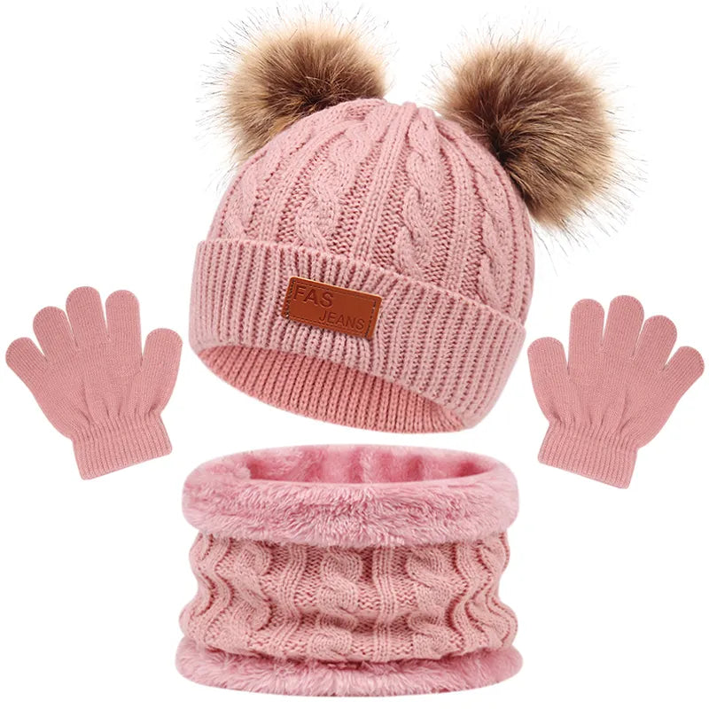 Toddler 3Pcs Cute Pompom Knitted Hats Scarf Gloves Set childrensterritory