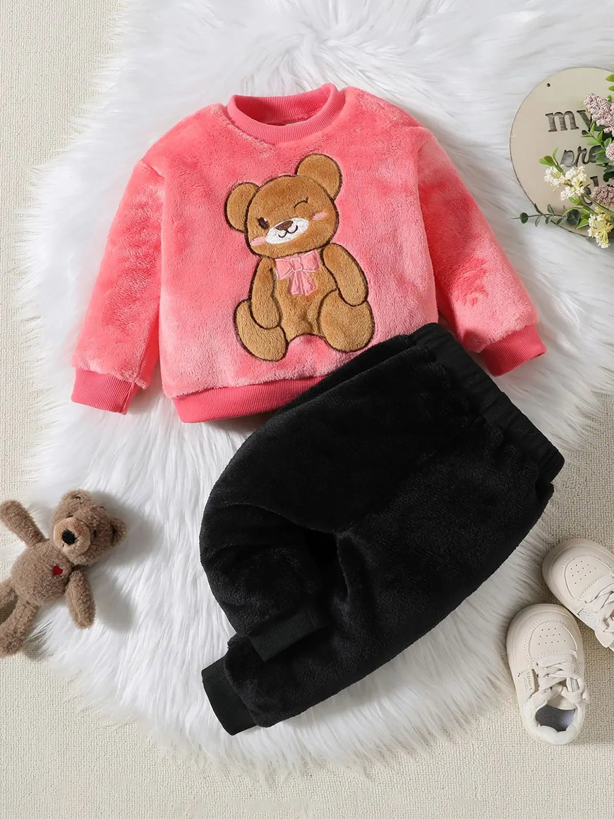 2PCS Baby Warm Coral Plush Teddy Bear Design Clothing Set childrensterritory
