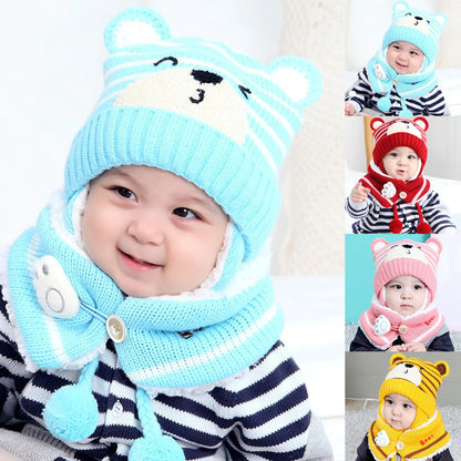 Cartoon Bear Striped Knit Woolen Scarf Cap for Baby childrensterritory