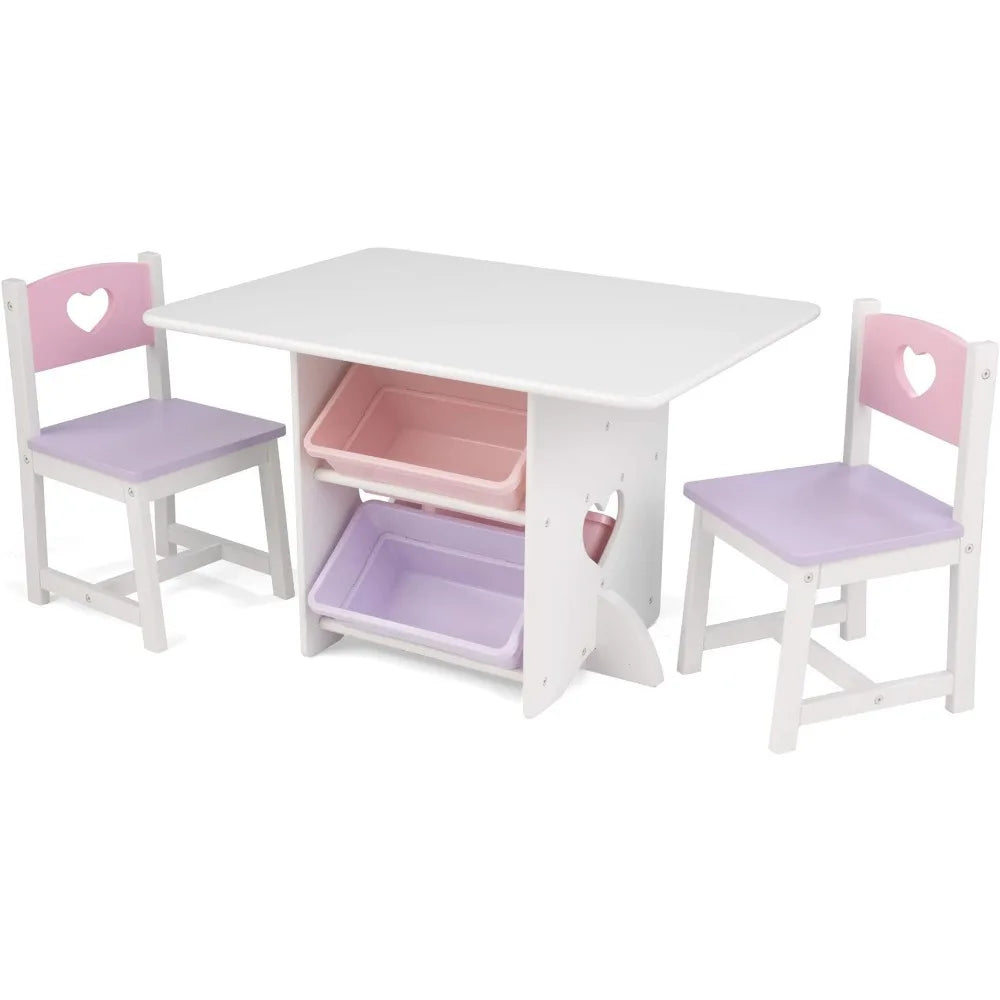 Kids Wooden Heart Stool &amp; Table Set with 4Storage Bins