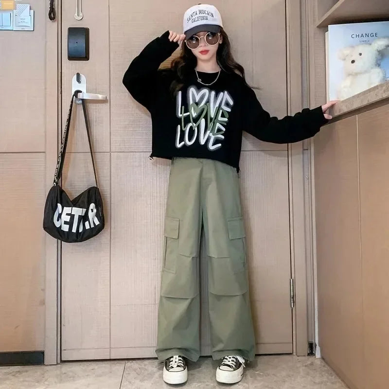 Girls Letter Print Loose T-Shirt + Wide Leg Cargo Pants Set childrensterritory