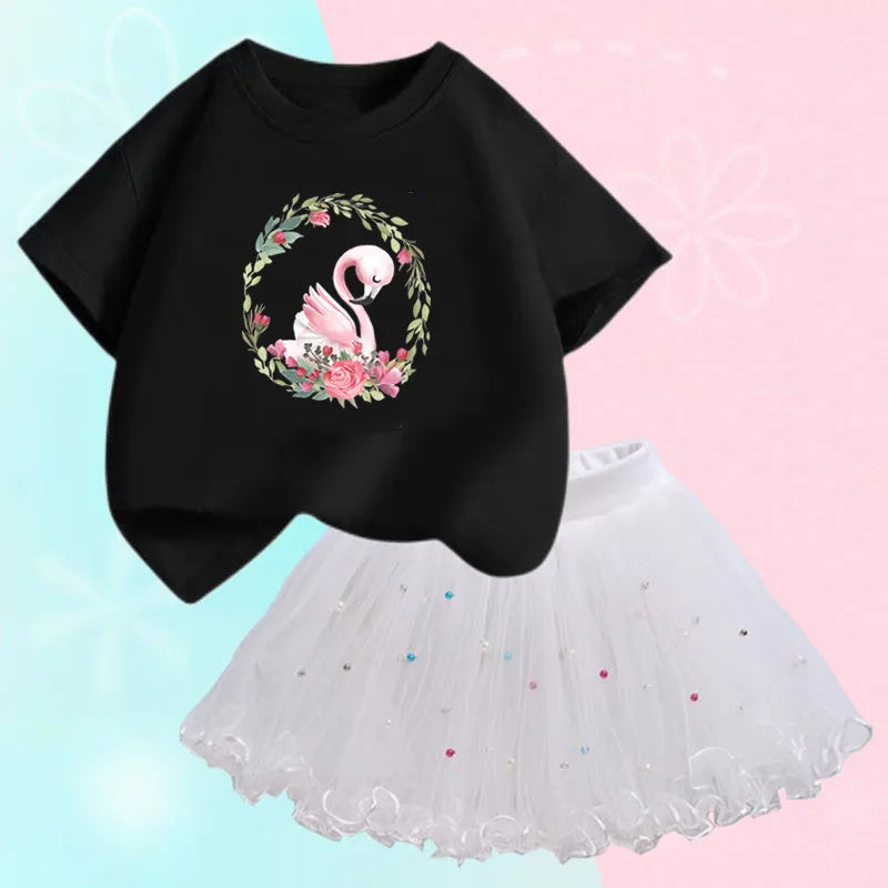 Kids Girls Flamingo T-Shirt &amp; Mesh Skirt Pretty Outfits childrensterritory
