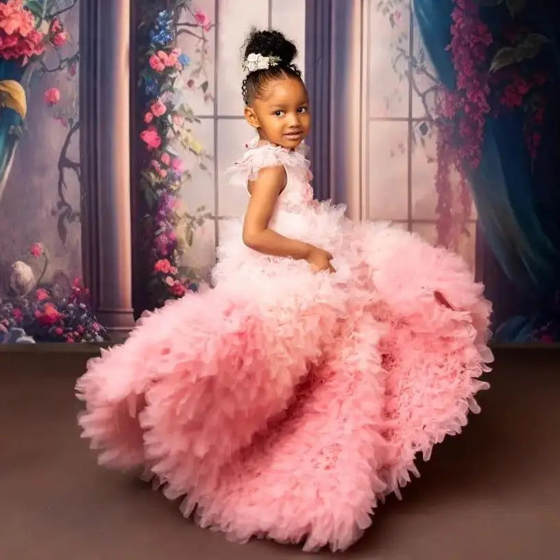 Feather Sleeve Puffy Flower Girl Dresses for Birthday Party