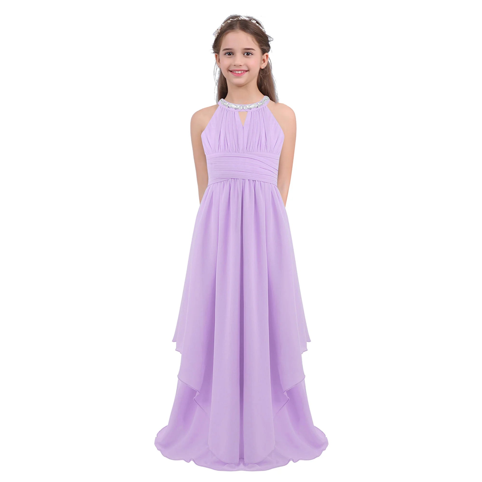 Kids Girls Halter Lace Design Chiffon Long Prom Ball Gowns