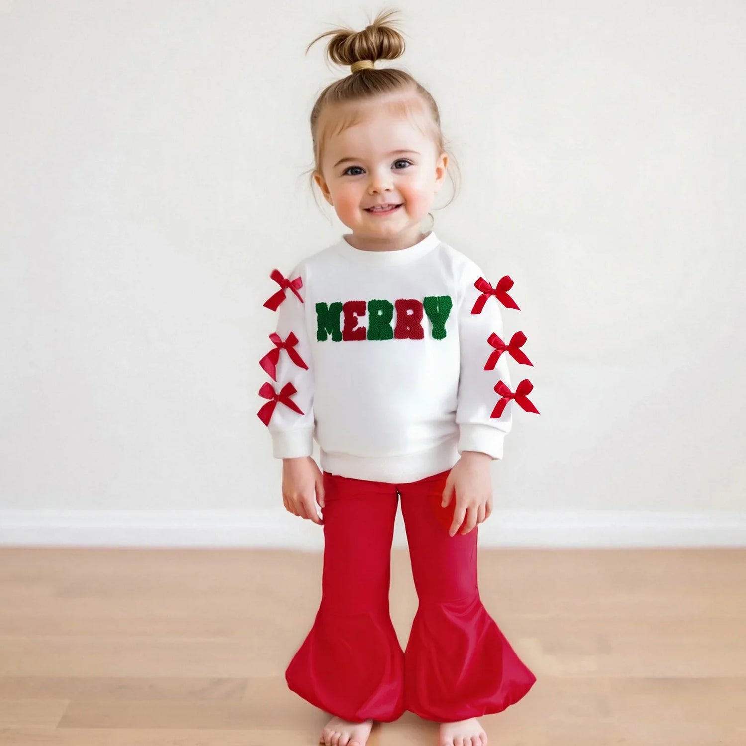 Girls Bow Embroidery Design Christmas Outfit childrensterritory
