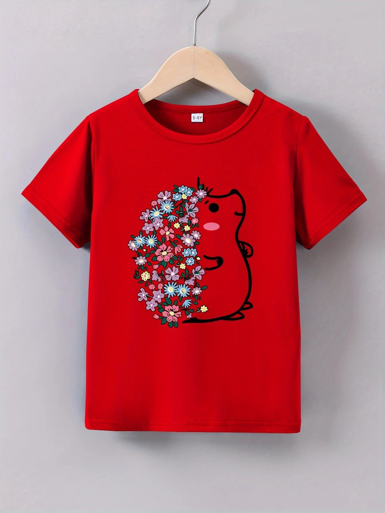 Short Sleeves Crew Neck Flower Printed T-Shirts For Girls