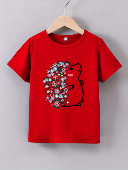 Short Sleeves Crew Neck Flower Printed T-Shirts For Girls childrensterritory