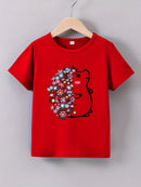 Short Sleeves Crew Neck Flower Printed T-Shirts For Girls childrensterritory