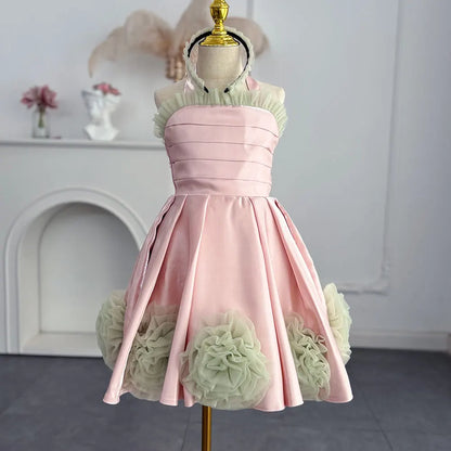 A-Line Little Girls Halter Neck Tiered Puffy Birthday Party Dress