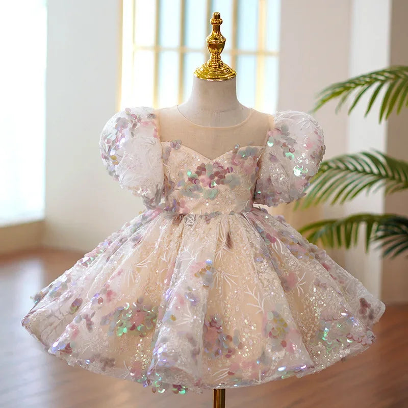 Kids Girls Luxury Fluffy Formal Lace Design Ball Gowns