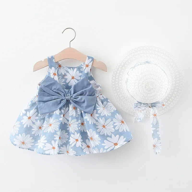 Baby Girls Sleeveless Floral Print Casual Dress with Hat childrensterritory