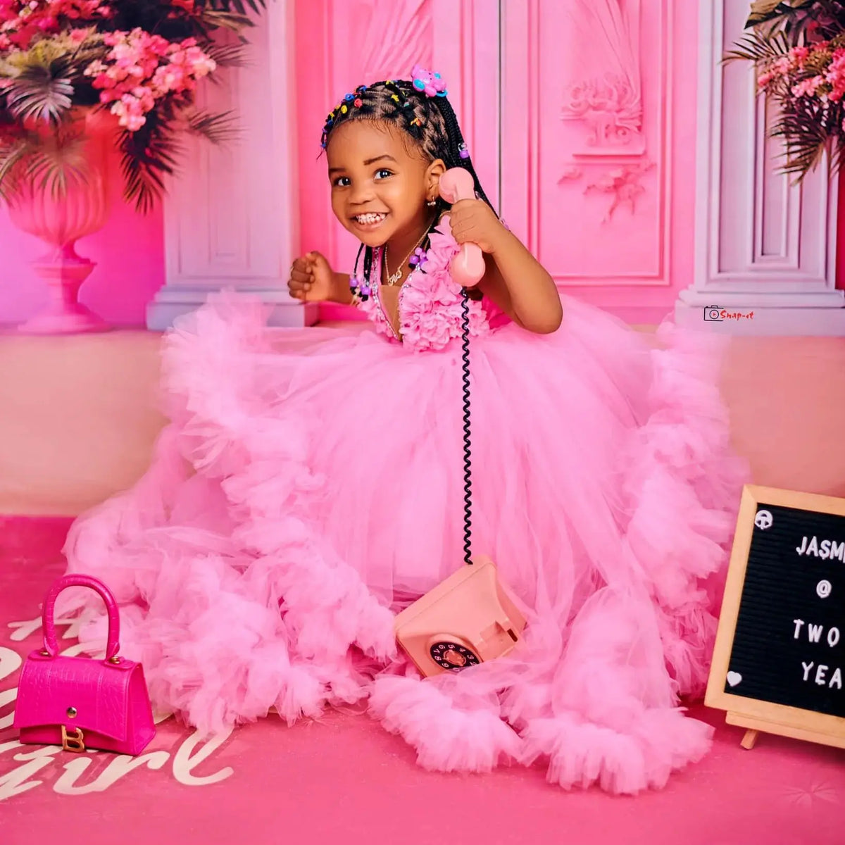 Fluffy, Floor-Length, Layered Pink Princess Ball Gown for Girls