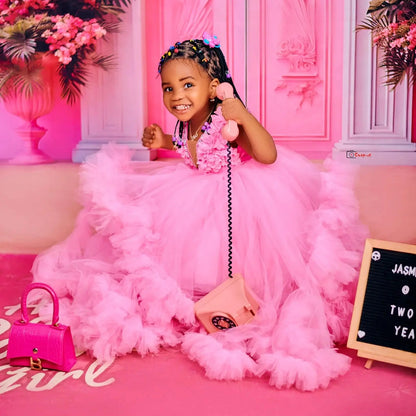 Fluffy, Floor-Length, Layered Pink Princess Ball Gown for Girls