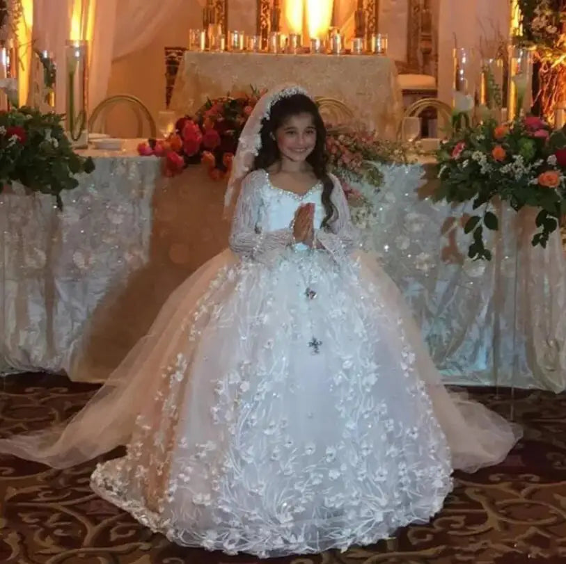 Floral Appliques Pearls Flower Girl Dress for Wedding, Communion childrensterritory