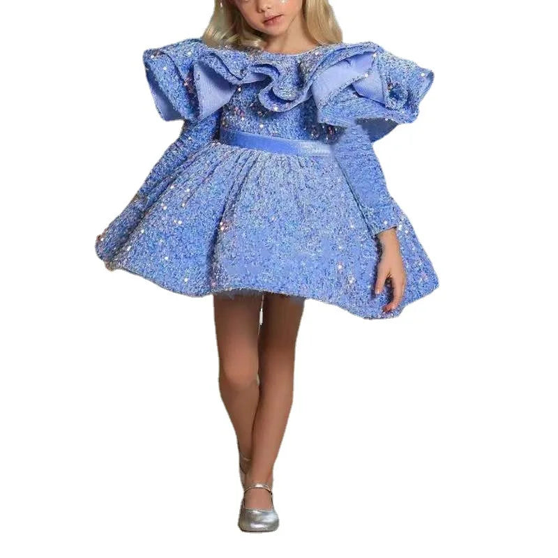 Kids Girls Glitter Sequin Puffy Birthday Party Dresses