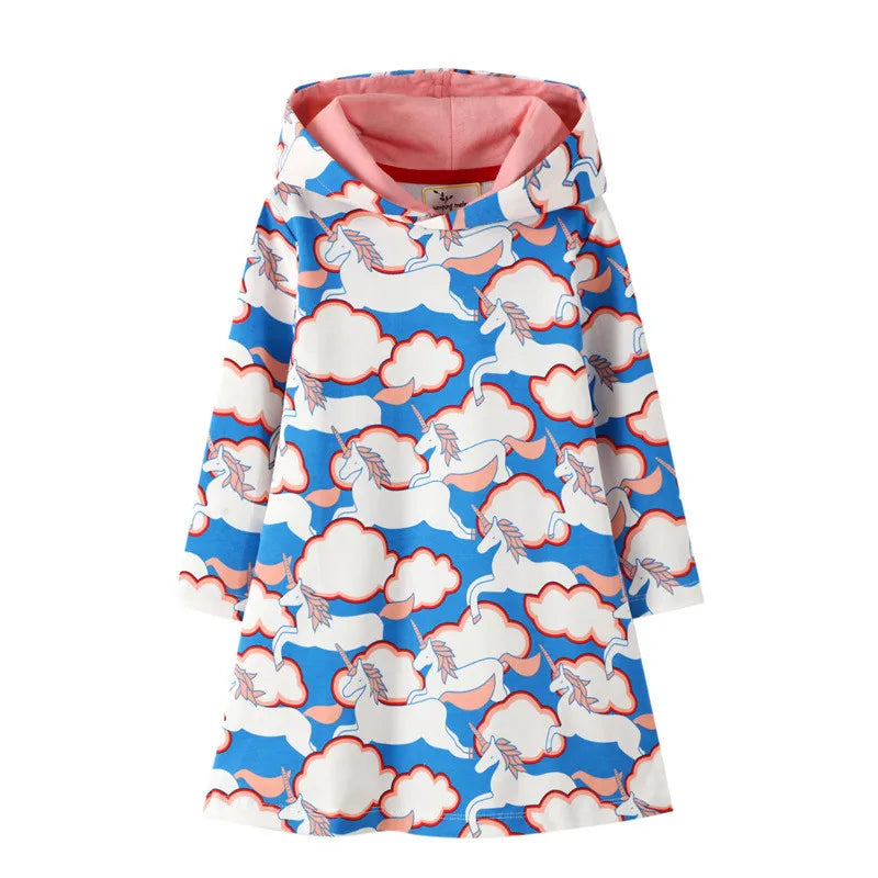 Kids Girls Long Sleeve Cartoon Design Hooded Dresses childrensterritory