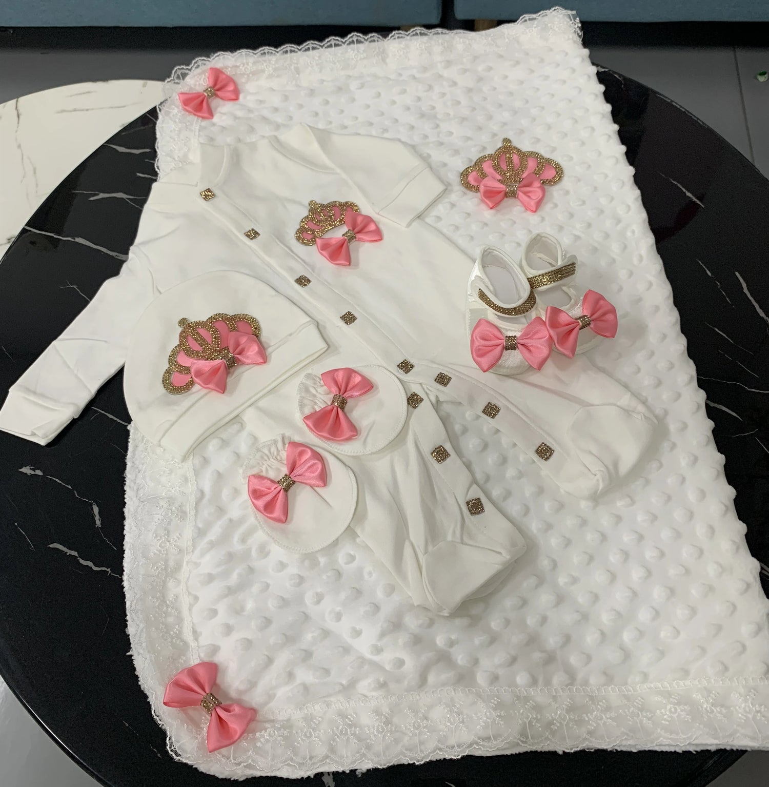 5pcs Sequin Bling Crown Design Baby Girl Welcome Home Outfits childrensterritory