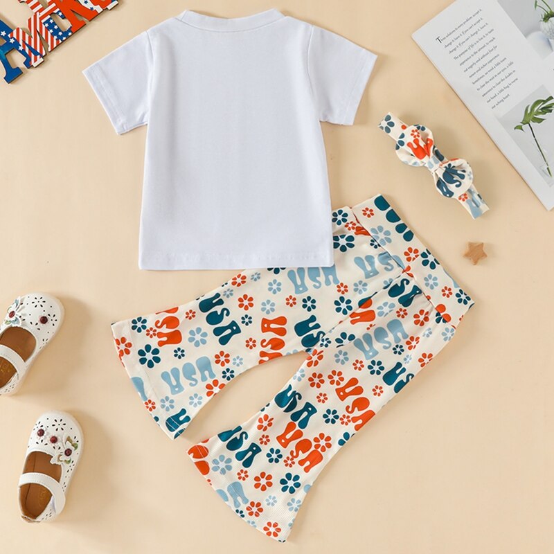 USA Print Tops and Floral Pants Set for Little Girls&