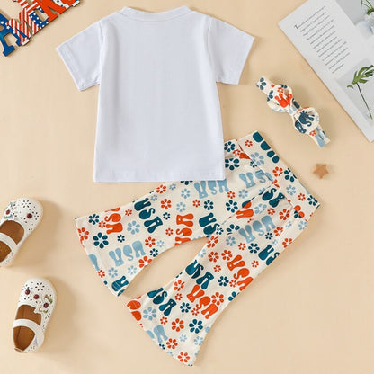 USA Print Tops and Floral Pants Set for Little Girls&