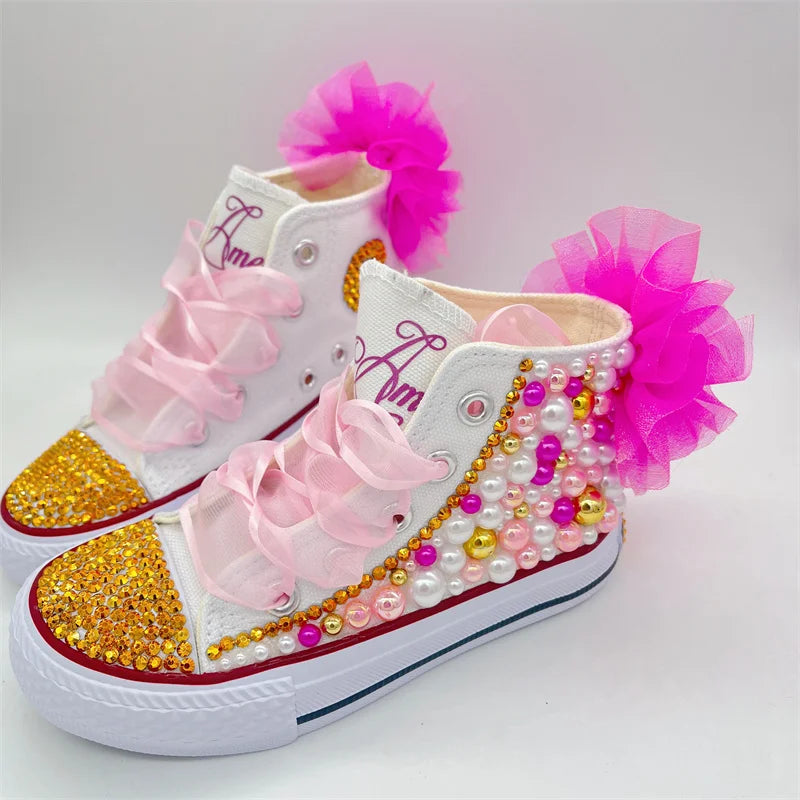 Kids Girls Pink Sparkle Gold Rhinestones Canvas Sneakers
