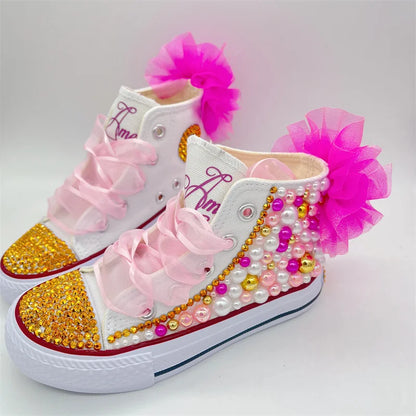 Kids Girls Pink Sparkle Gold Rhinestones Canvas Sneakers