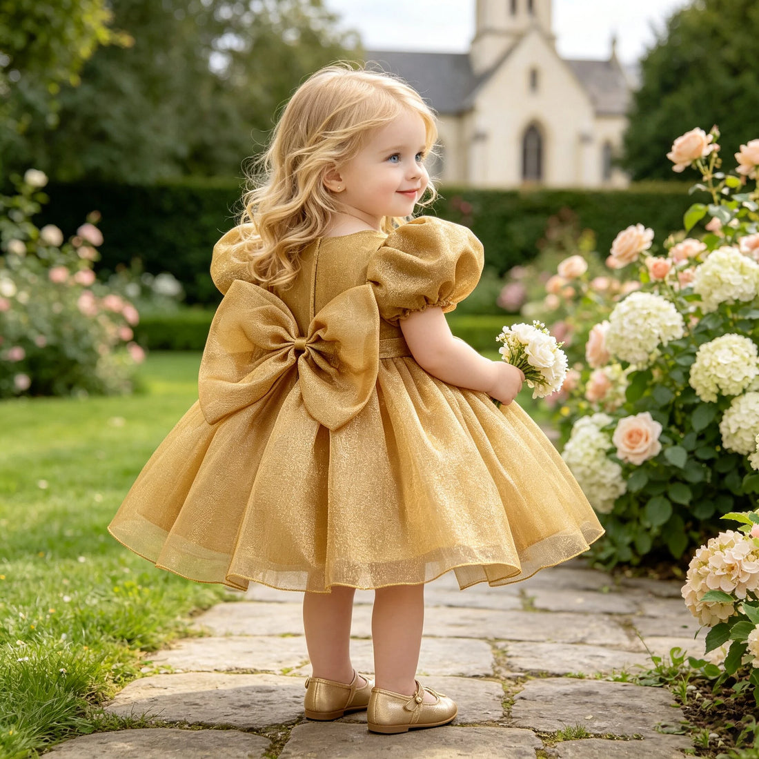 Little Girl Puff Sleeves Wedding Party Gown With Bow Puff Design