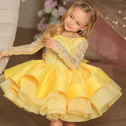 Kids Girls Glitter Puffy Sequin Princess Birthday Dresses