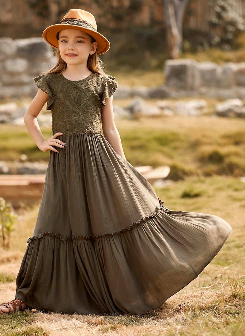 Lace Design Kids Girls Long Cotton Dresses for Summer childrensterritory