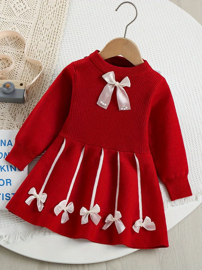 Girls’ Bow Design Winter Soft Dresses childrensterritory