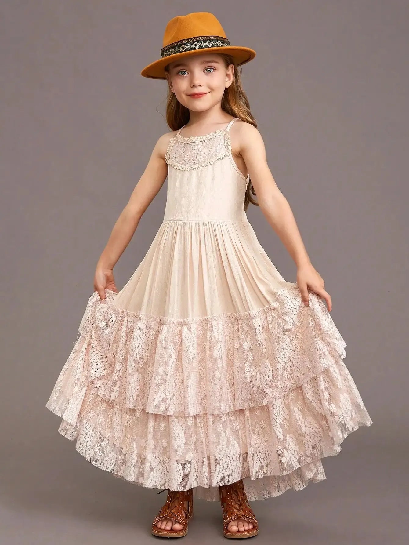 Kids Girls Long Lace Design Birthday Party Dresses