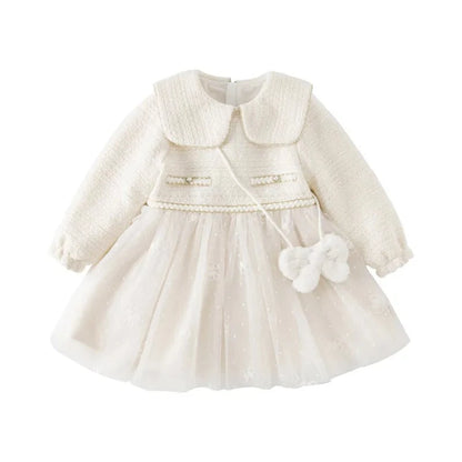 Kids Girls Elegant Warm Princess Party Dress with Small Bag childrensterritory
