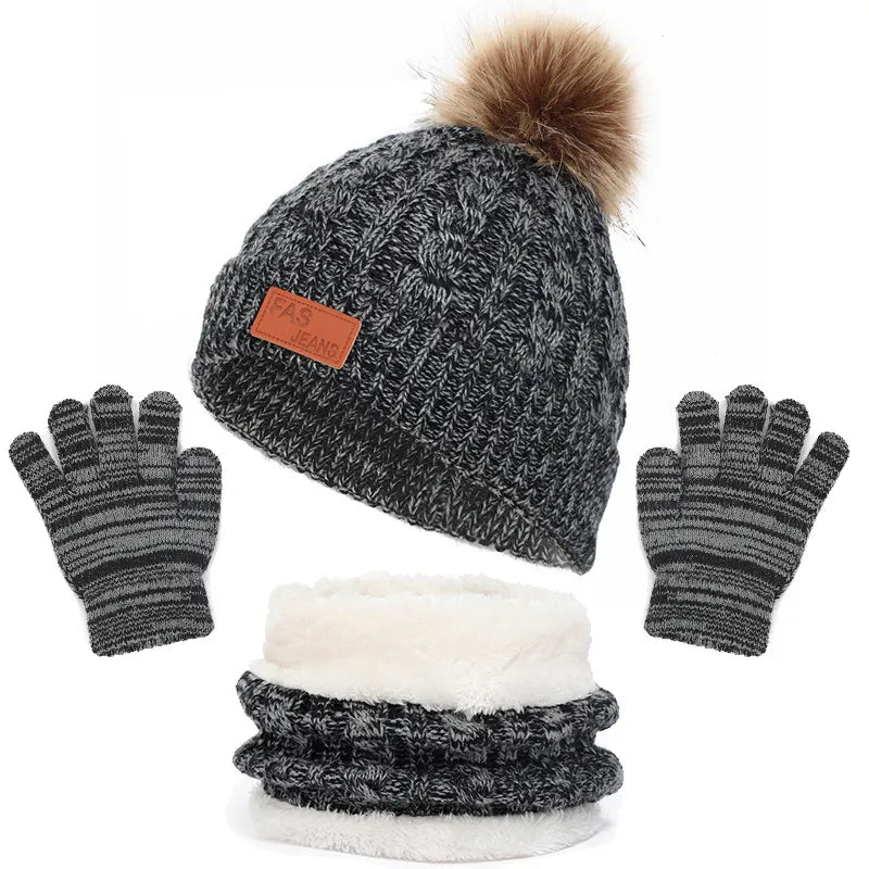Toddler 3Pcs Cute Pompom Knitted Hats Scarf Gloves Set childrensterritory
