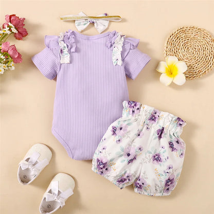 Baby Girl 3pcs Bodysuit, Printed Short, Bow Headband Clothing Set childrensterritory