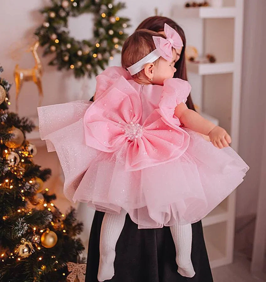Little Girls Puffy Pink Big Bow Design Christening Dress