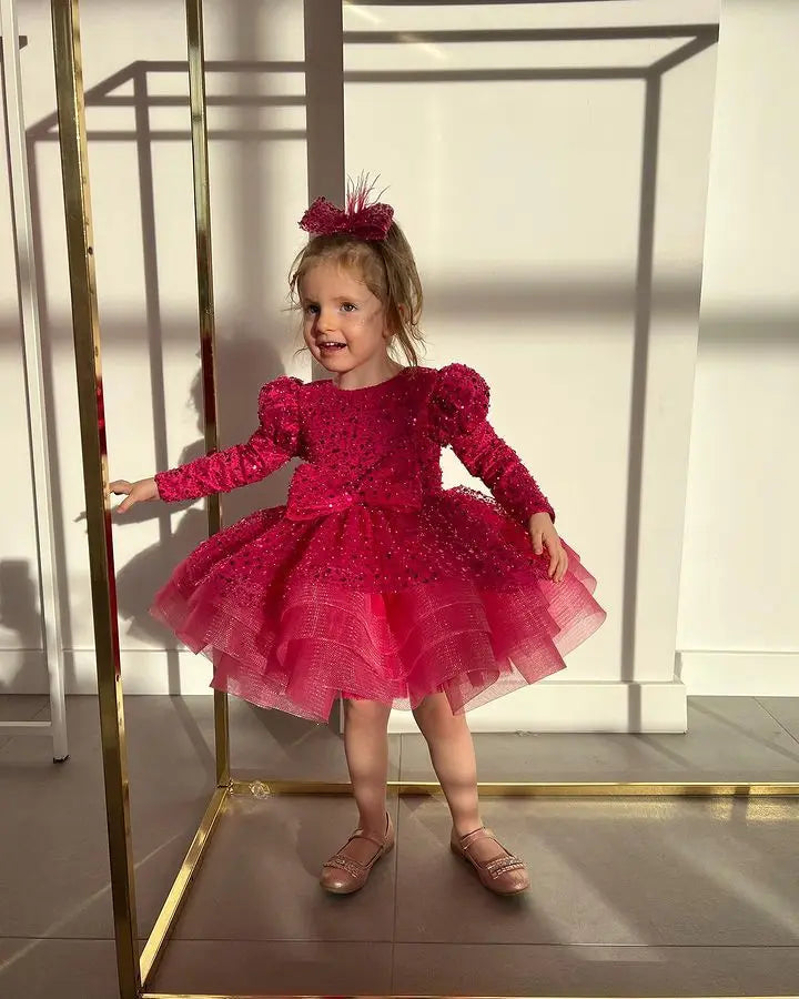 Luxury Long-Sleeved Sequined Fluffy Chiffon Wedding Party Dress childrensterritory
