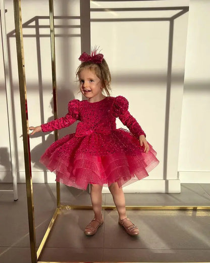 Luxury Long-Sleeved Sequined Fluffy Chiffon Wedding Party Dress childrensterritory
