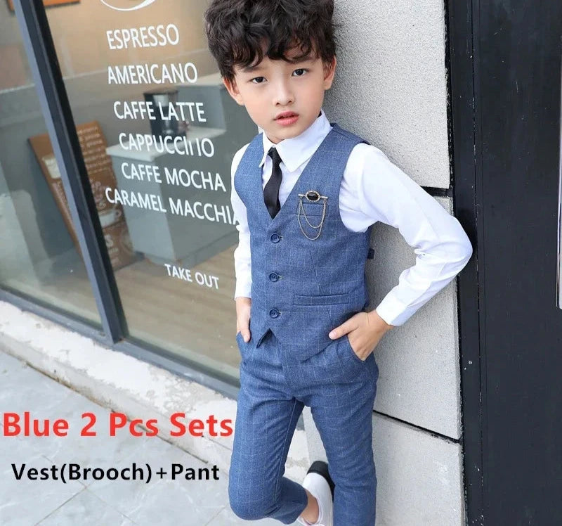 Slim Fit Kids Boys Plaid Vest Formal Wedding/Party Suit Sets childrensterritory