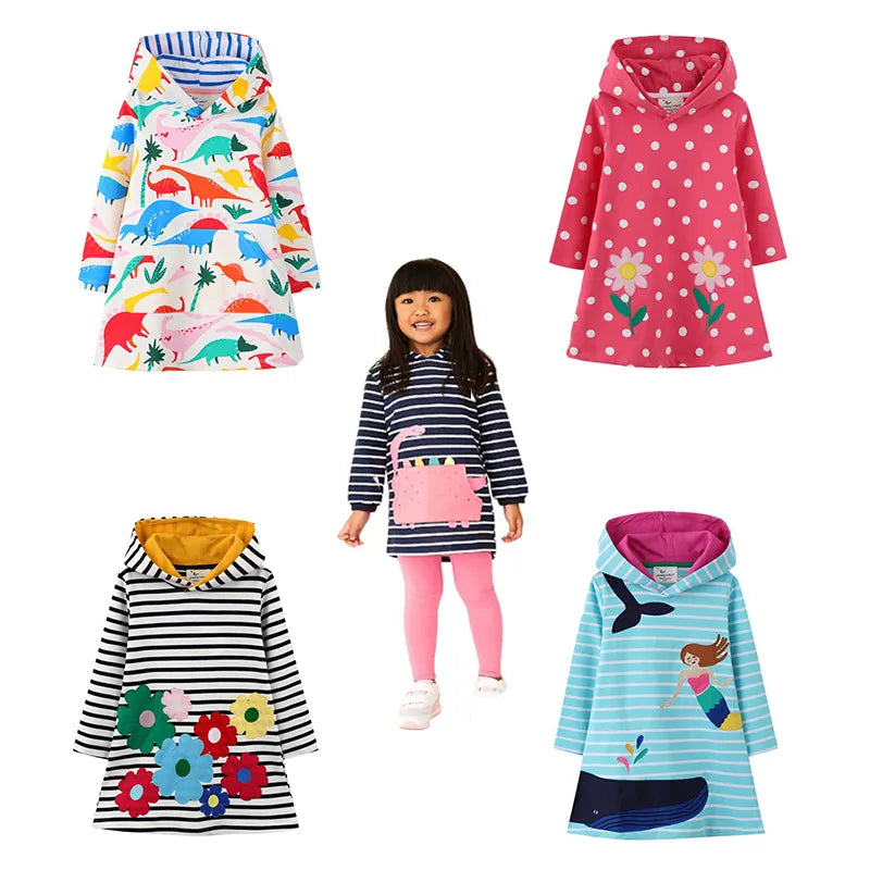 Kids Girls Long Sleeve Cartoon Design Hooded Dresses childrensterritory