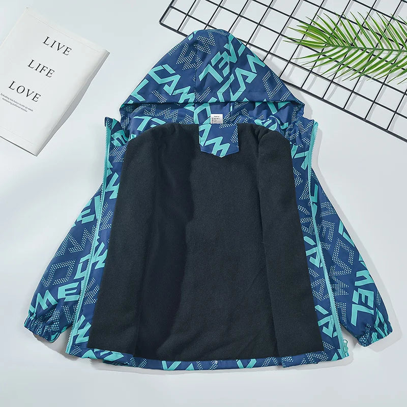 Boys Letter Print Hooded Waterproof Fleece Jackets childrensterritory