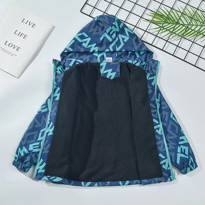 Boys Letter Print Hooded Waterproof Fleece Jackets childrensterritory