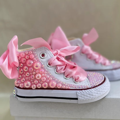 Kids Girls Pink Sparkle Gold Rhinestones Canvas Sneakers